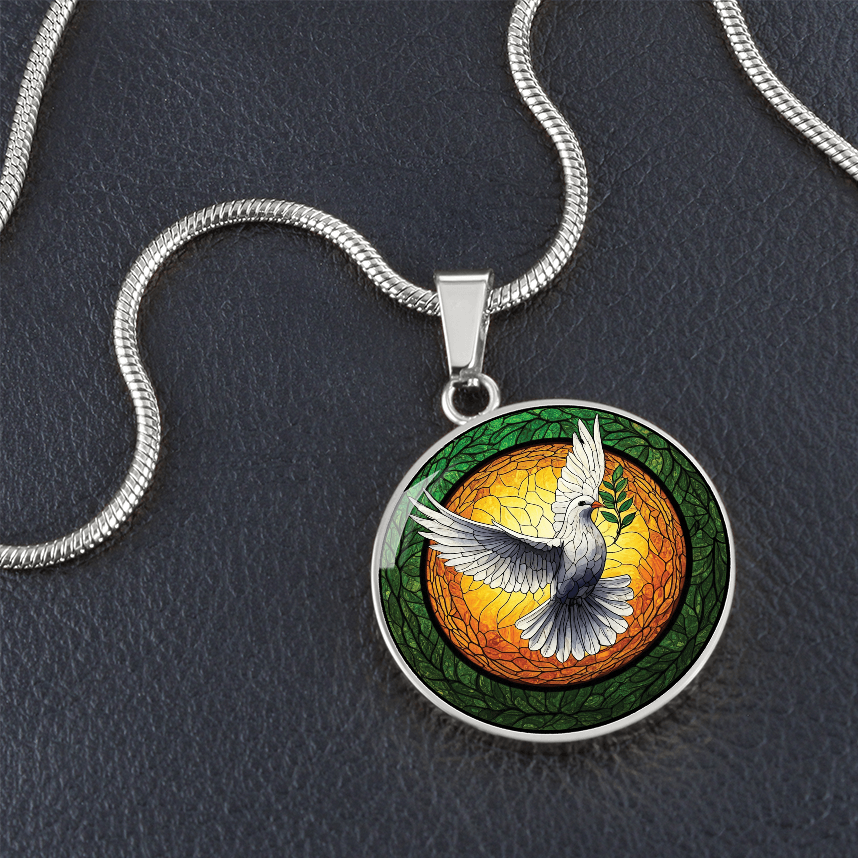 Dove Stained Glass Effect Round Pendant Necklace