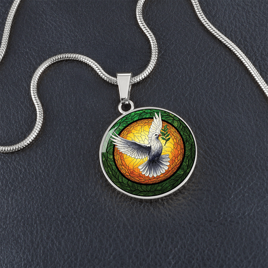Dove Stained Glass Effect Round Pendant Necklace