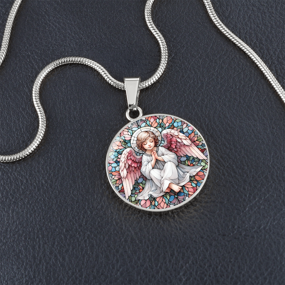 Guardian Angel Stained Glass Effect Round Pendant Necklace
