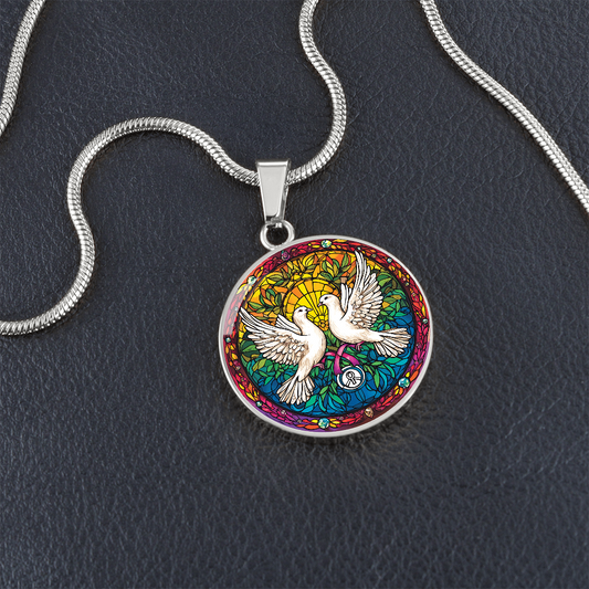 Doves Stained Glass Effect Round Pendant Necklace