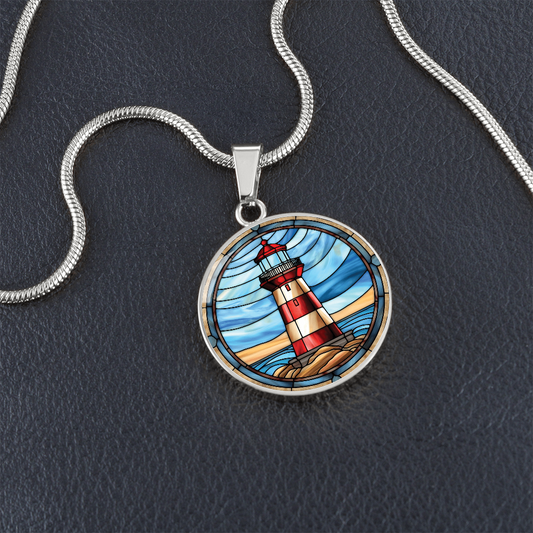 The Light House Stained Glass Effect Round Pendant Necklace