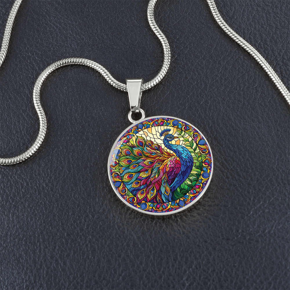 Stained Glass Effect Peacock Round Pendant Necklace