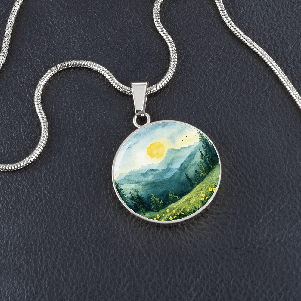 Watercolour Mountains Round Pendant Necklace