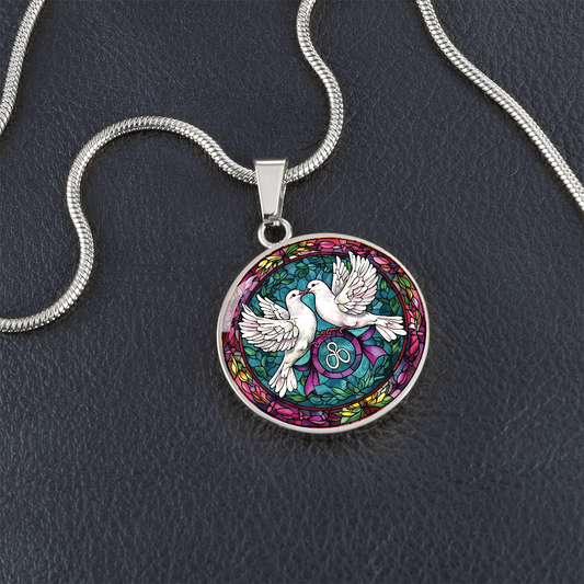 Doves Stained Glass Effect Round Pendant Necklace