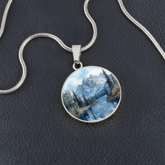 Watercolour Mountains Round Pendant Necklace