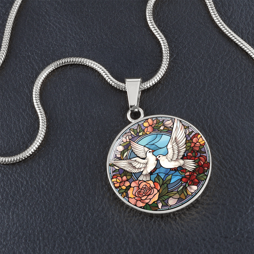 Doves Stained Glass Effect Round Pendant Necklace