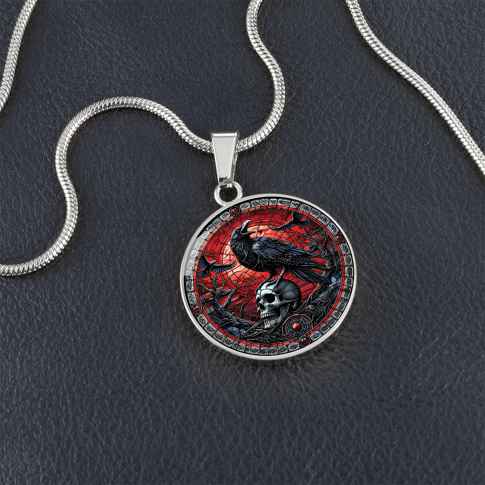 Skull and Raven Round Pendant Necklace, Halloween Necklace, Goth Jewelry