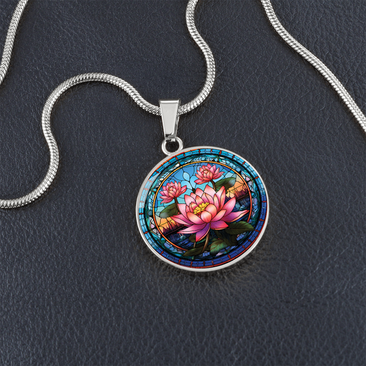 Lotus Flower Stained Glass Effect Round Pendant Necklace