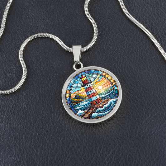 The Light House Stained Glass Effect Round Pendant Necklace