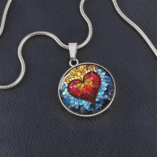 Heart Stained Glass Effect Round Pendant Necklace