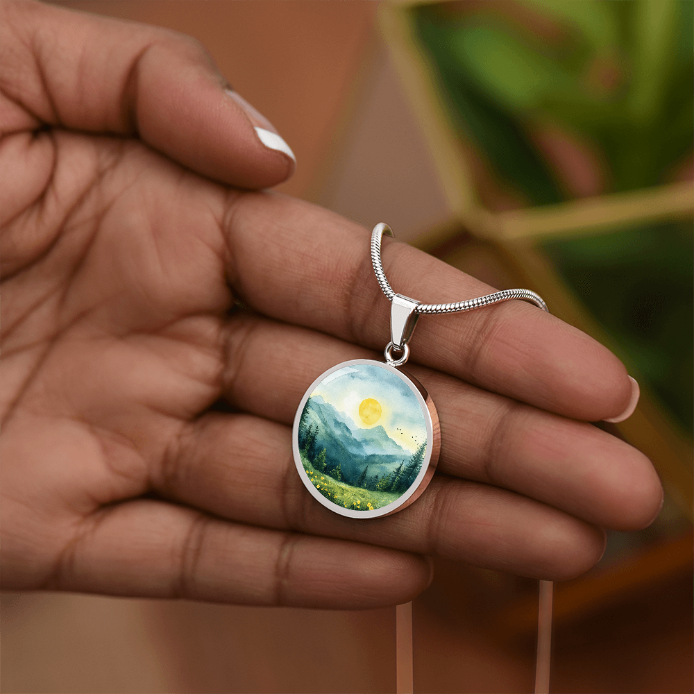Watercolour Mountains Round Pendant Necklace
