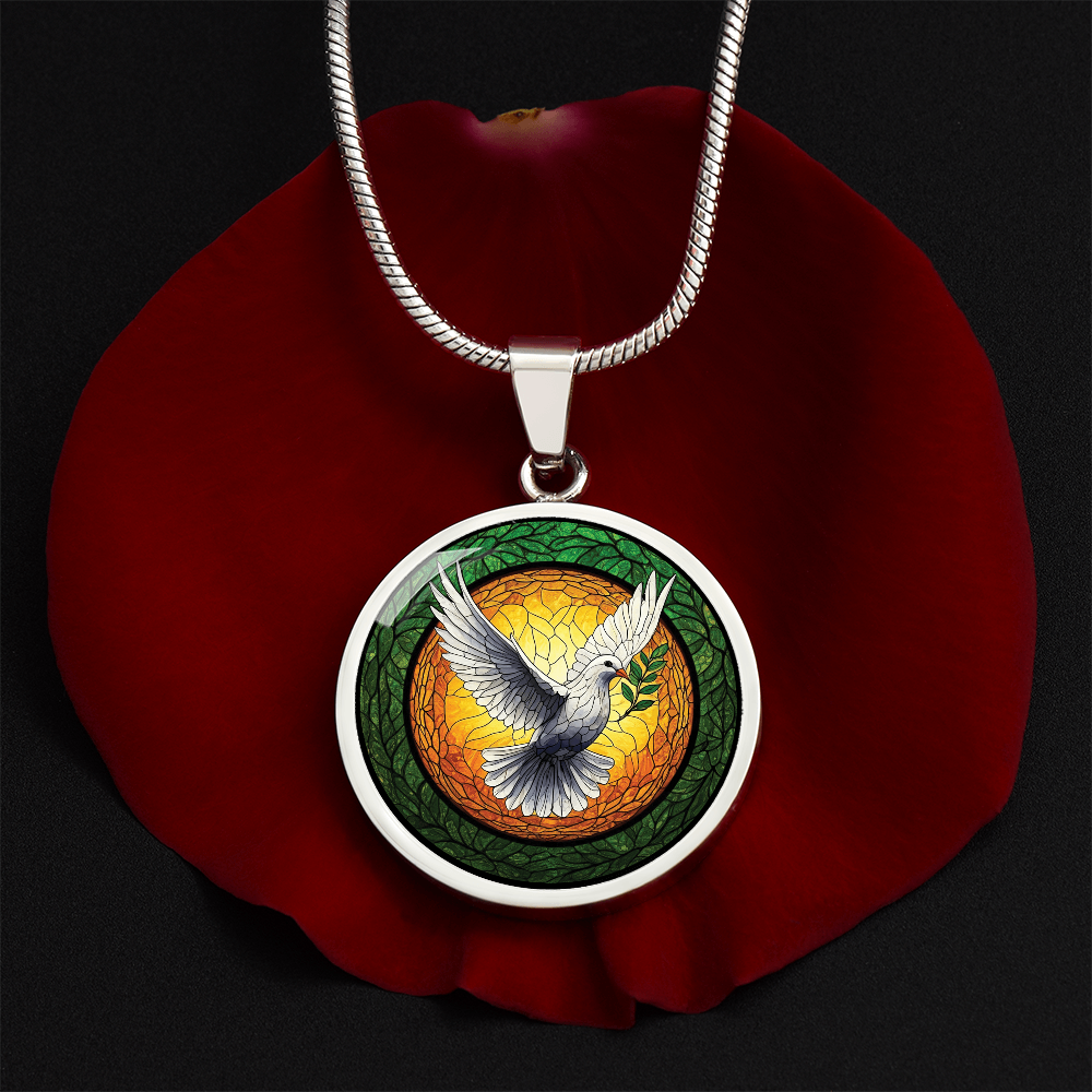 Dove Stained Glass Effect Round Pendant Necklace