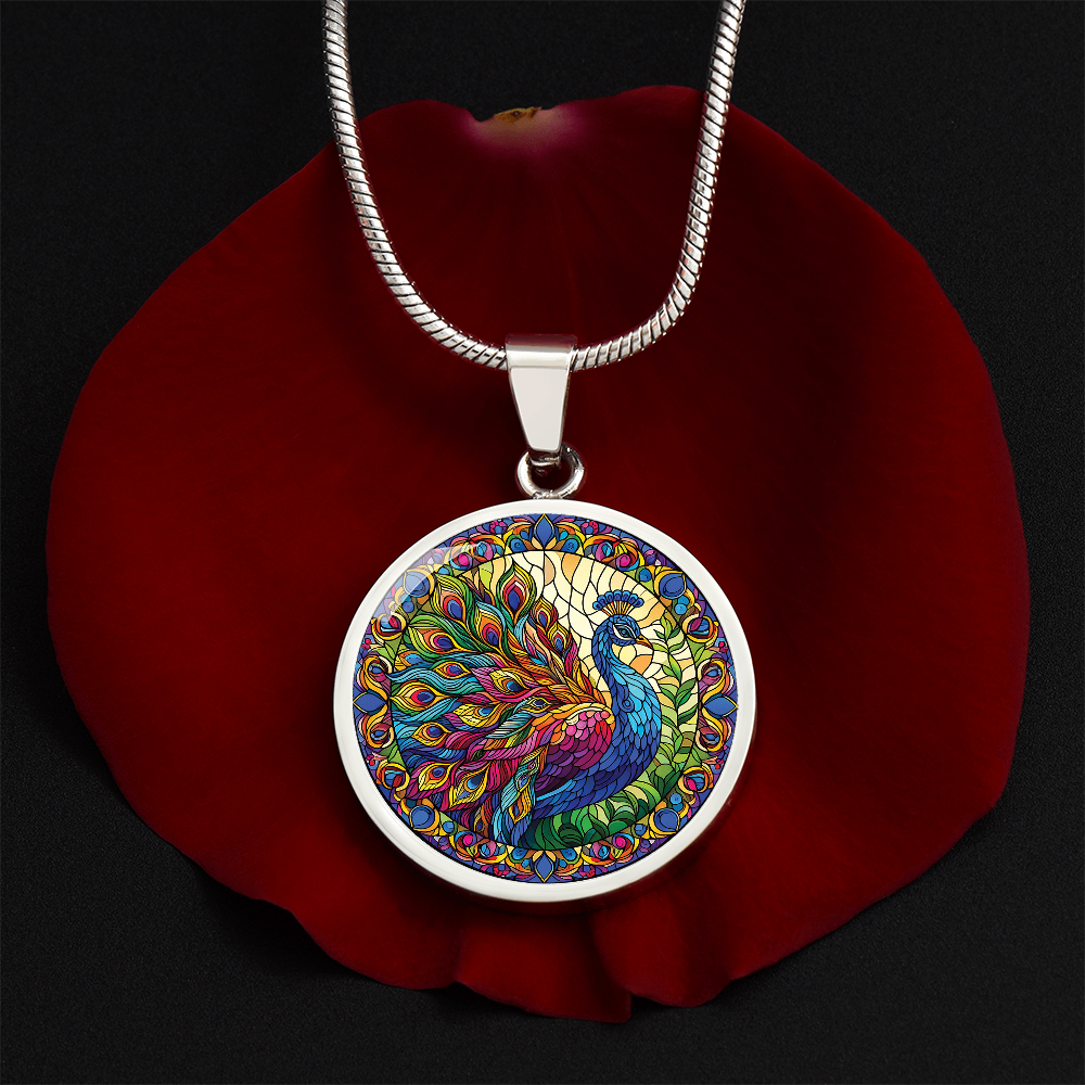 Stained Glass Effect Peacock Round Pendant Necklace