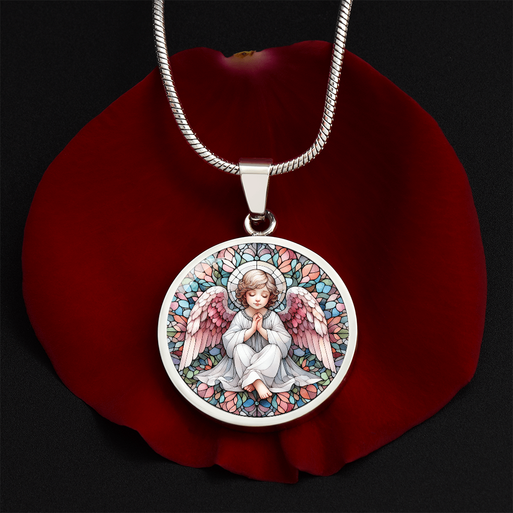 Guardian Angel Stained Glass Effect Round Pendant Necklace