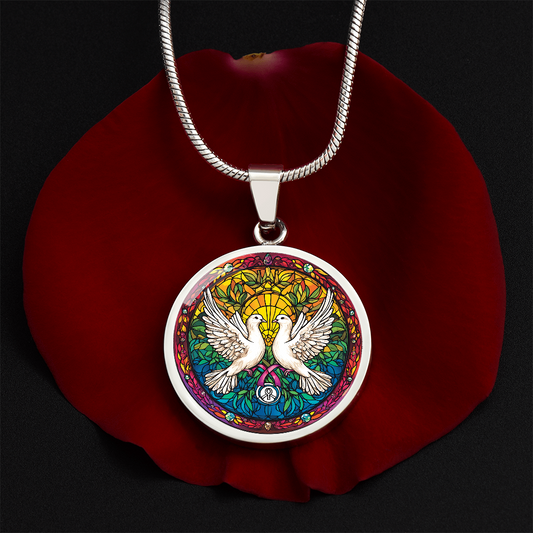 Doves Stained Glass Effect Round Pendant Necklace