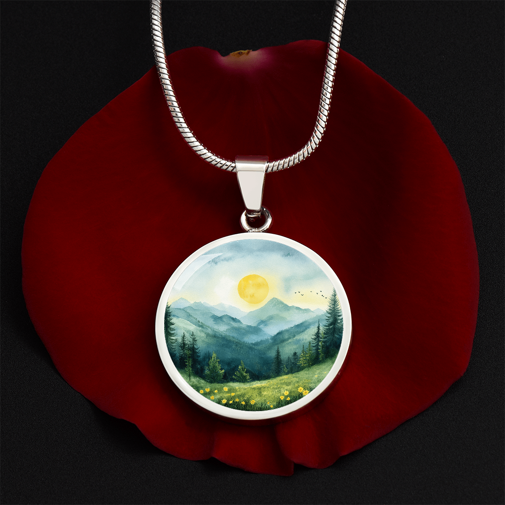 Watercolour Mountains Round Pendant Necklace