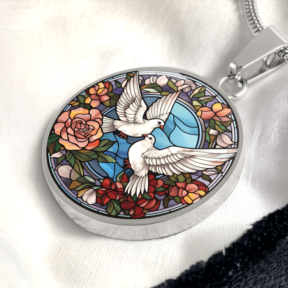 Doves Stained Glass Effect Round Pendant Necklace