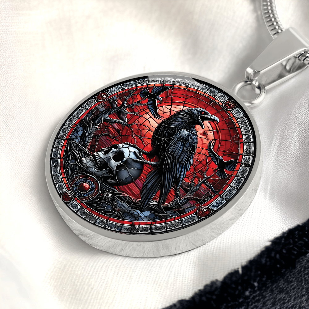 Skull and Raven Round Pendant Necklace, Halloween Necklace, Goth Jewelry
