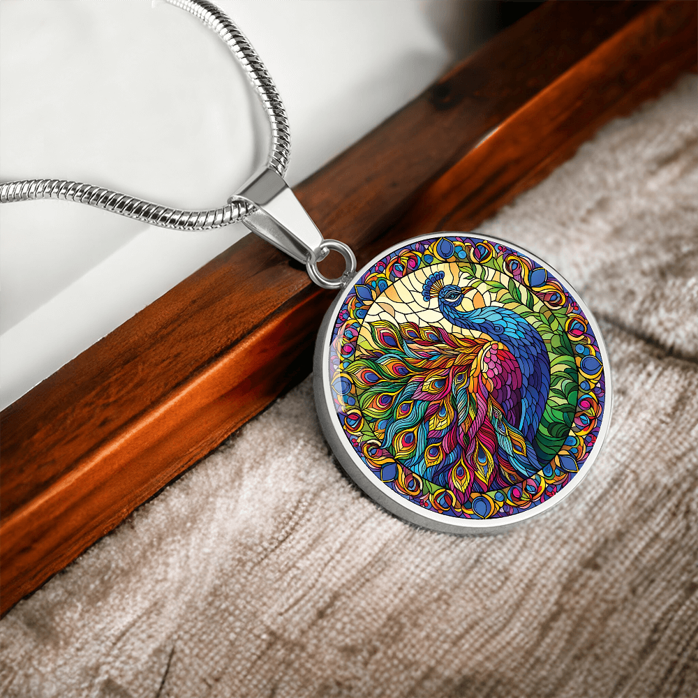Stained Glass Effect Peacock Round Pendant Necklace