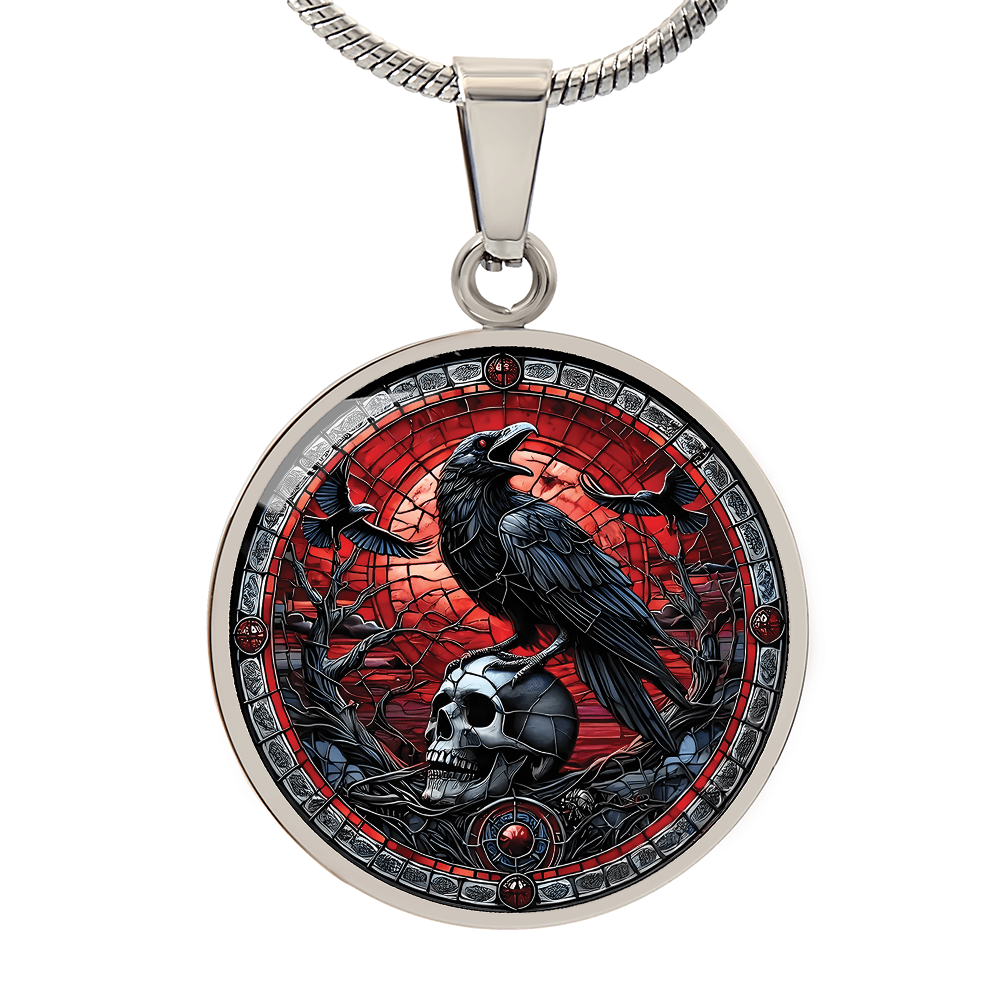 Skull and Raven Round Pendant Necklace, Halloween Necklace, Goth Jewelry