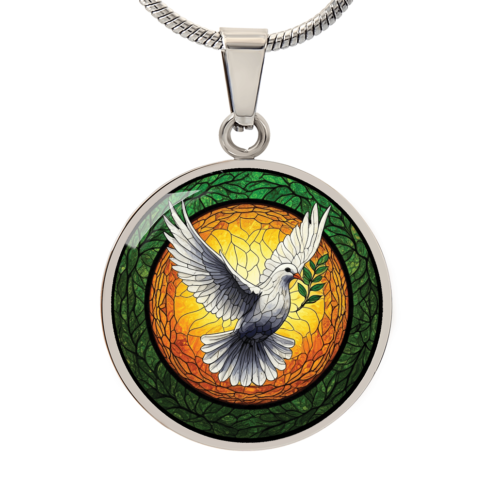 Dove Stained Glass Effect Round Pendant Necklace