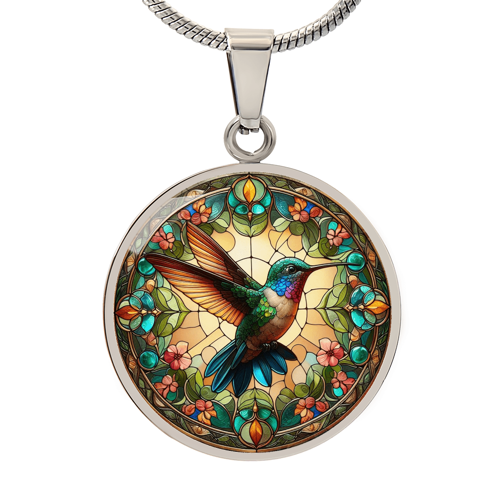 Hummingbird Stained Glass Effect Round Pendant Necklace
