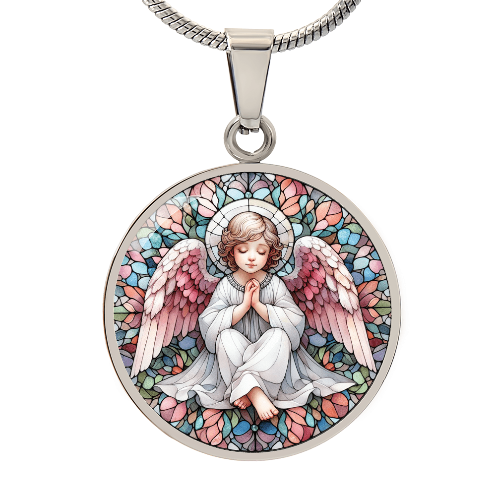 Guardian Angel Stained Glass Effect Round Pendant Necklace