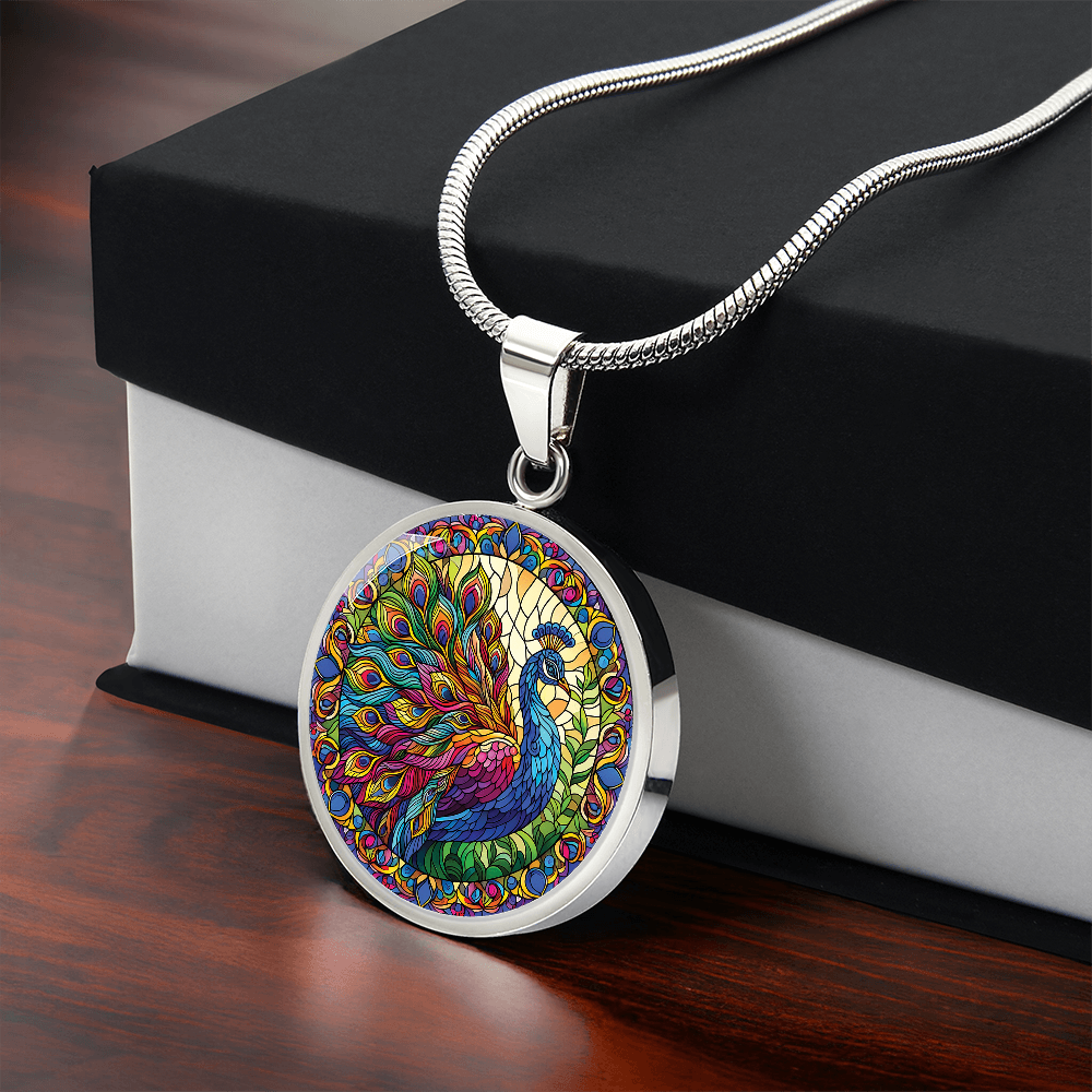 Stained Glass Effect Peacock Round Pendant Necklace