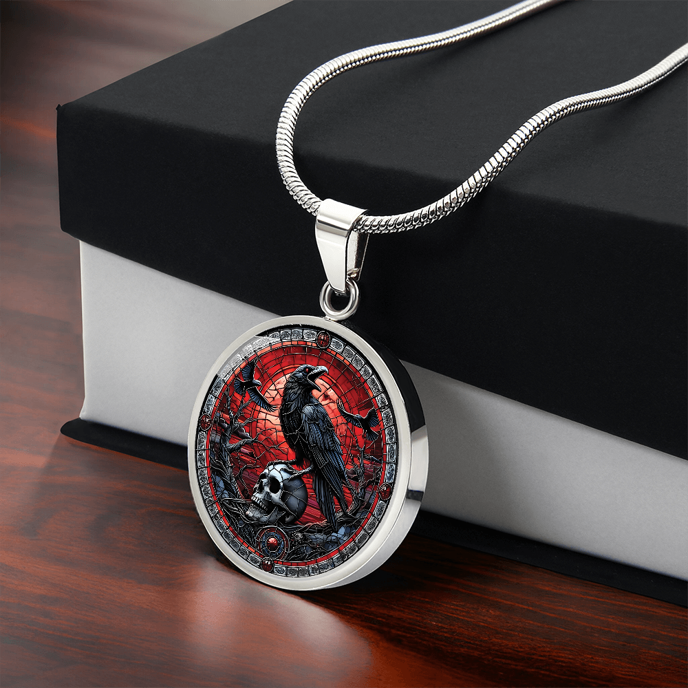 Skull and Raven Round Pendant Necklace, Halloween Necklace, Goth Jewelry