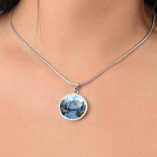 Watercolour Mountains Round Pendant Necklace