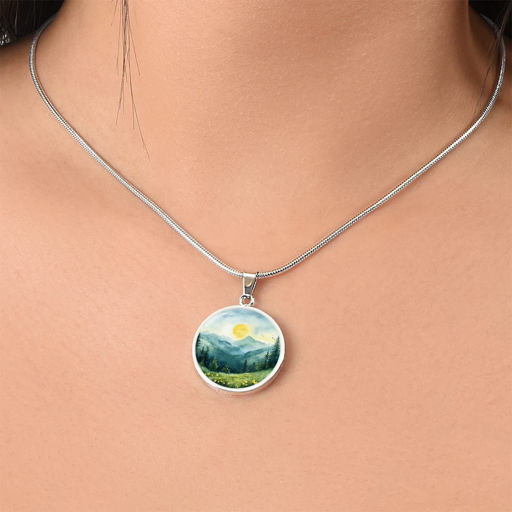 Watercolour Mountains Round Pendant Necklace