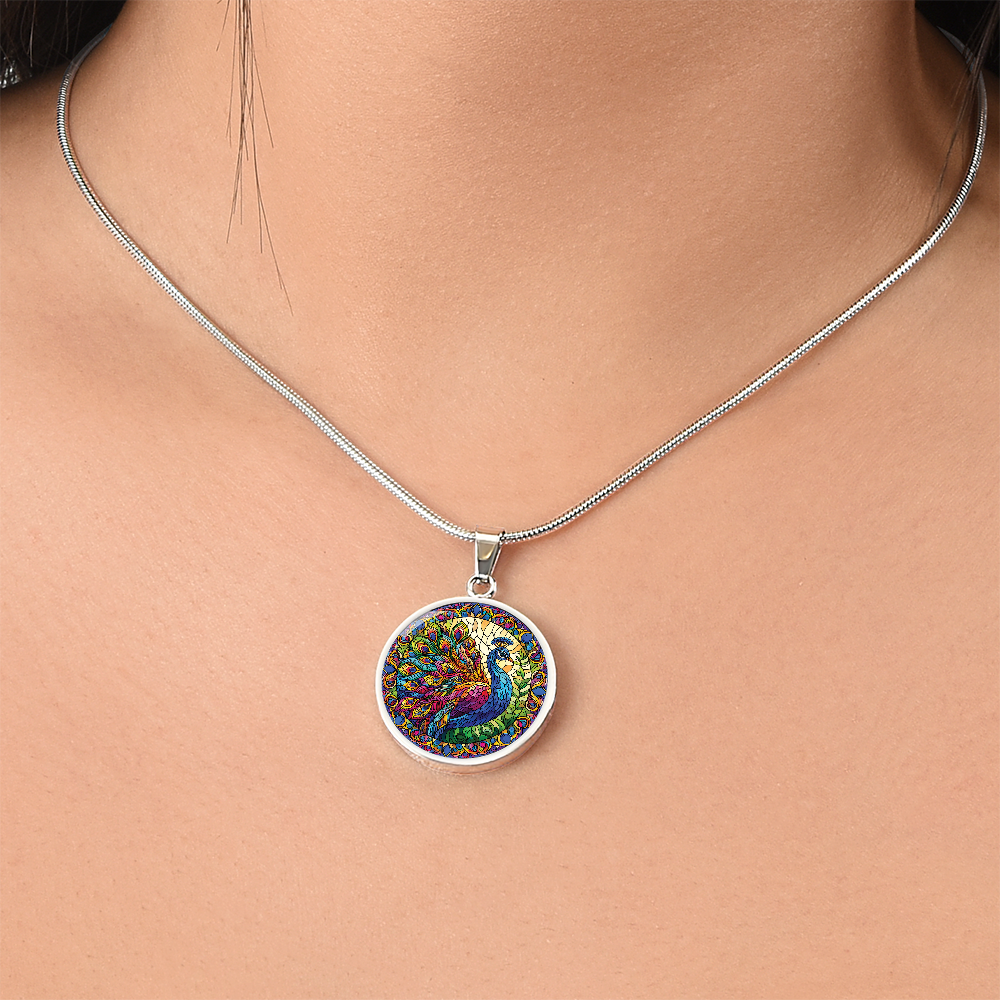 Stained Glass Effect Peacock Round Pendant Necklace