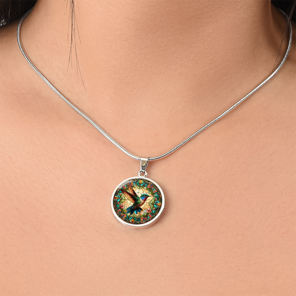 Hummingbird Stained Glass Effect Round Pendant Necklace