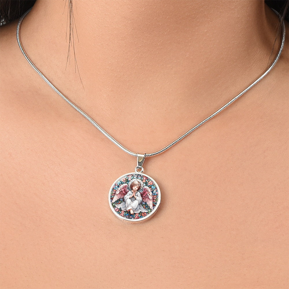 Guardian Angel Stained Glass Effect Round Pendant Necklace