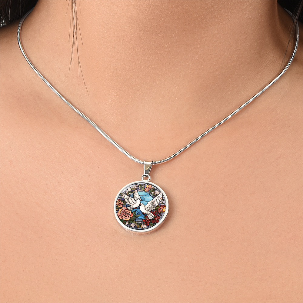 Doves Stained Glass Effect Round Pendant Necklace