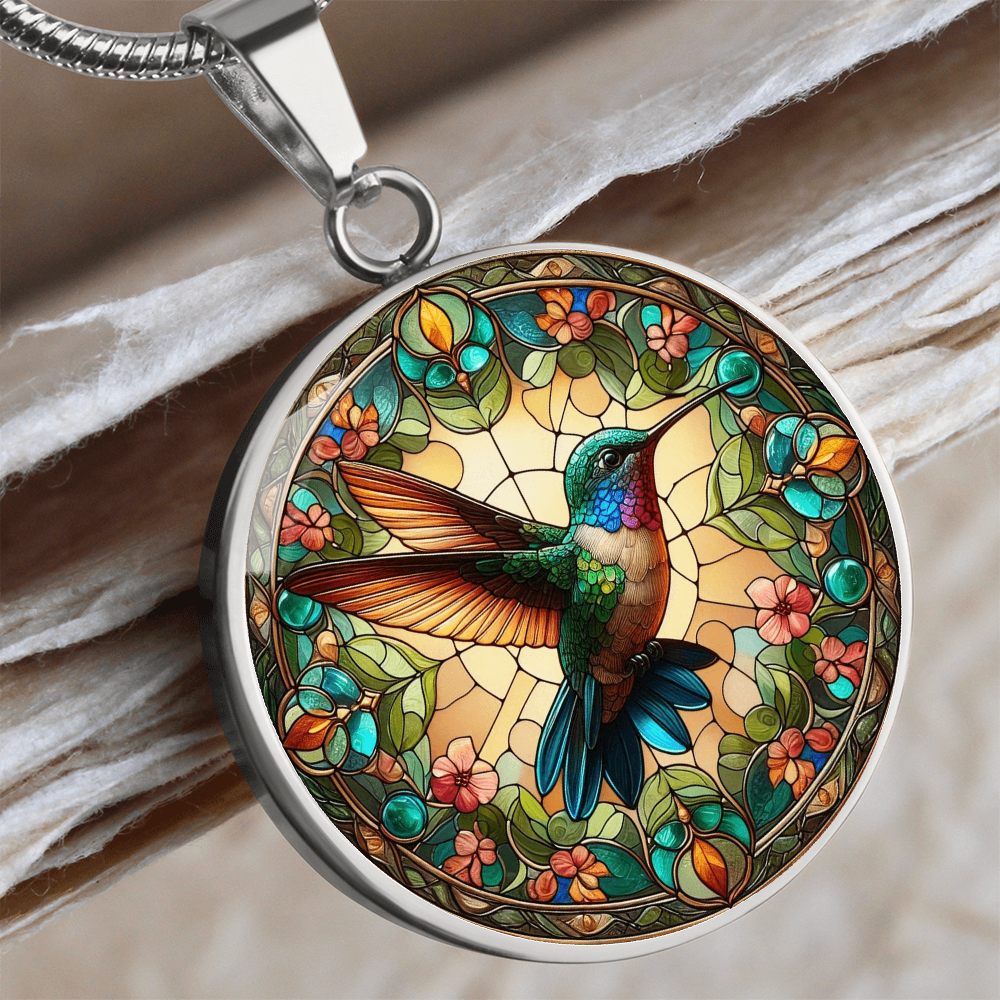 Hummingbird Stained Glass Effect Round Pendant Necklace