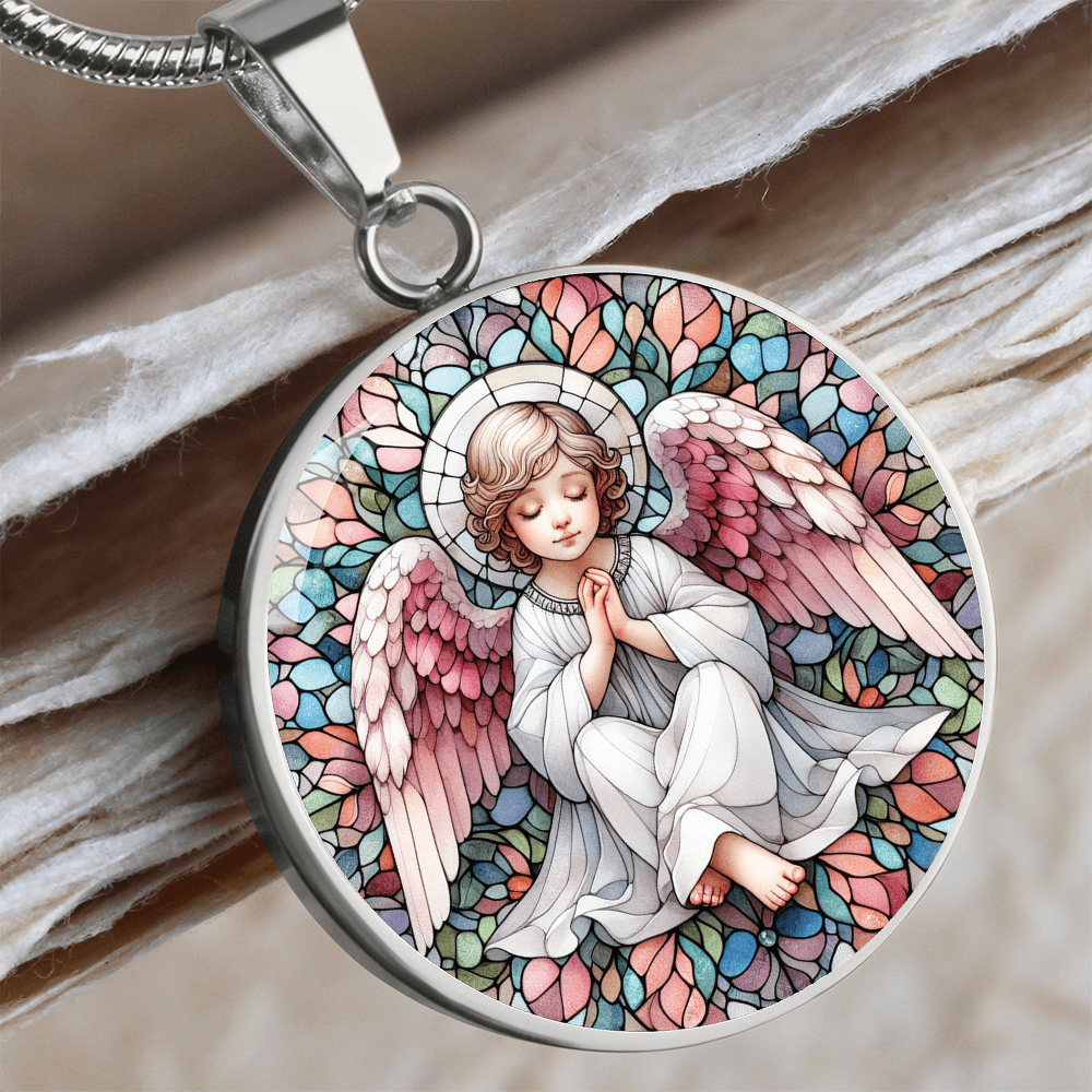 Guardian Angel Stained Glass Effect Round Pendant Necklace
