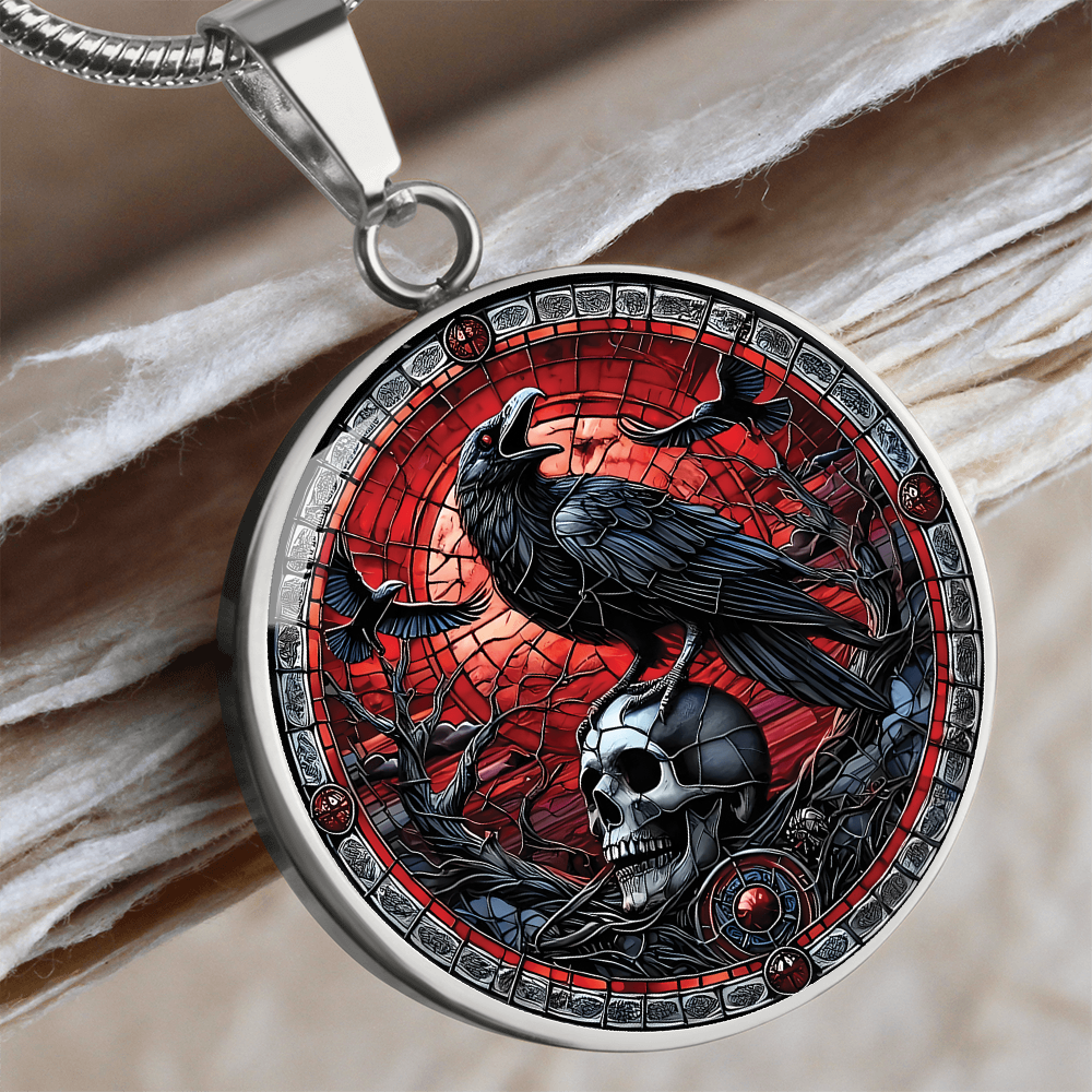 Skull and Raven Round Pendant Necklace, Halloween Necklace, Goth Jewelry