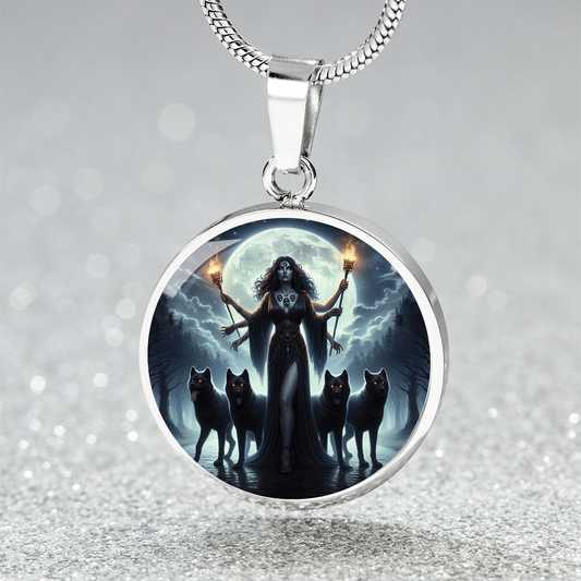 Hekate Goddess Necklace – Triple Moon Wolf Pendant – Personalized Pagan Jewelry