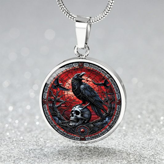Skull and Raven Round Pendant Necklace, Halloween Necklace, Goth Jewelry