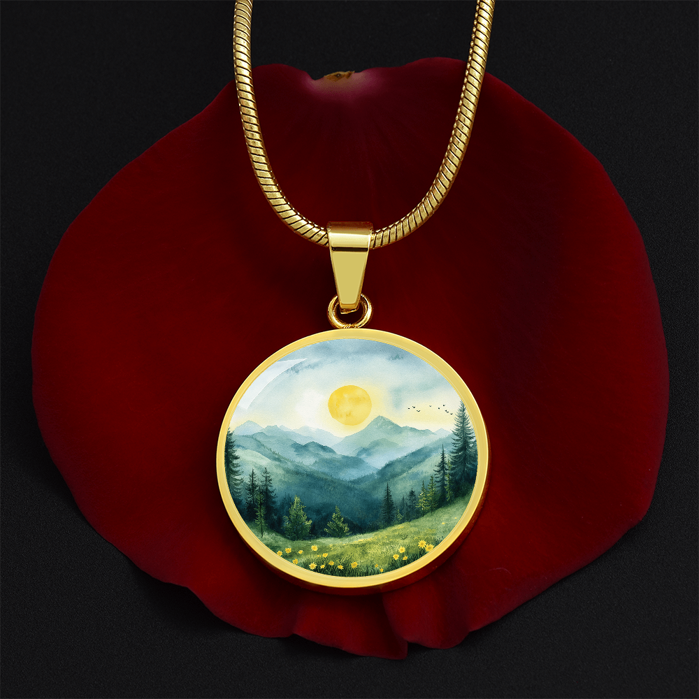 Watercolour Mountains Round Pendant Necklace