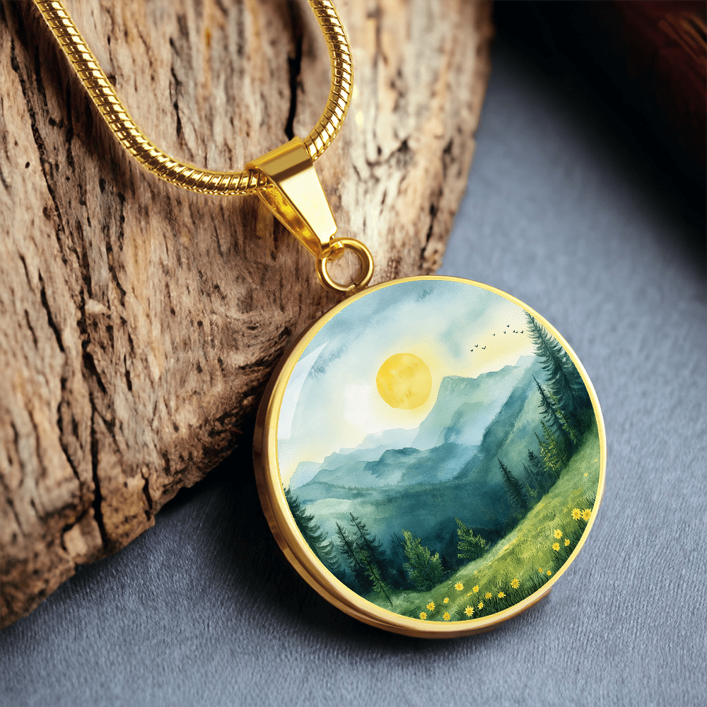 Watercolour Mountains Round Pendant Necklace