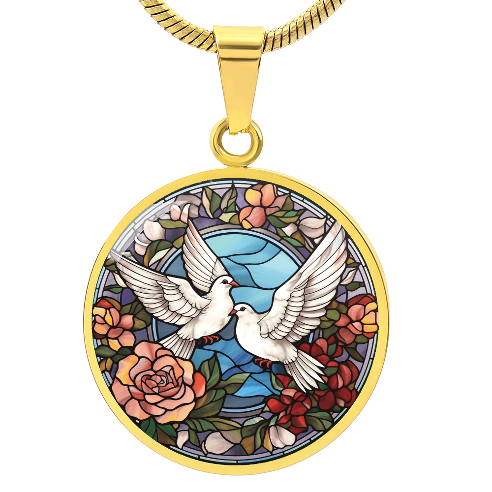 Doves Stained Glass Effect Round Pendant Necklace