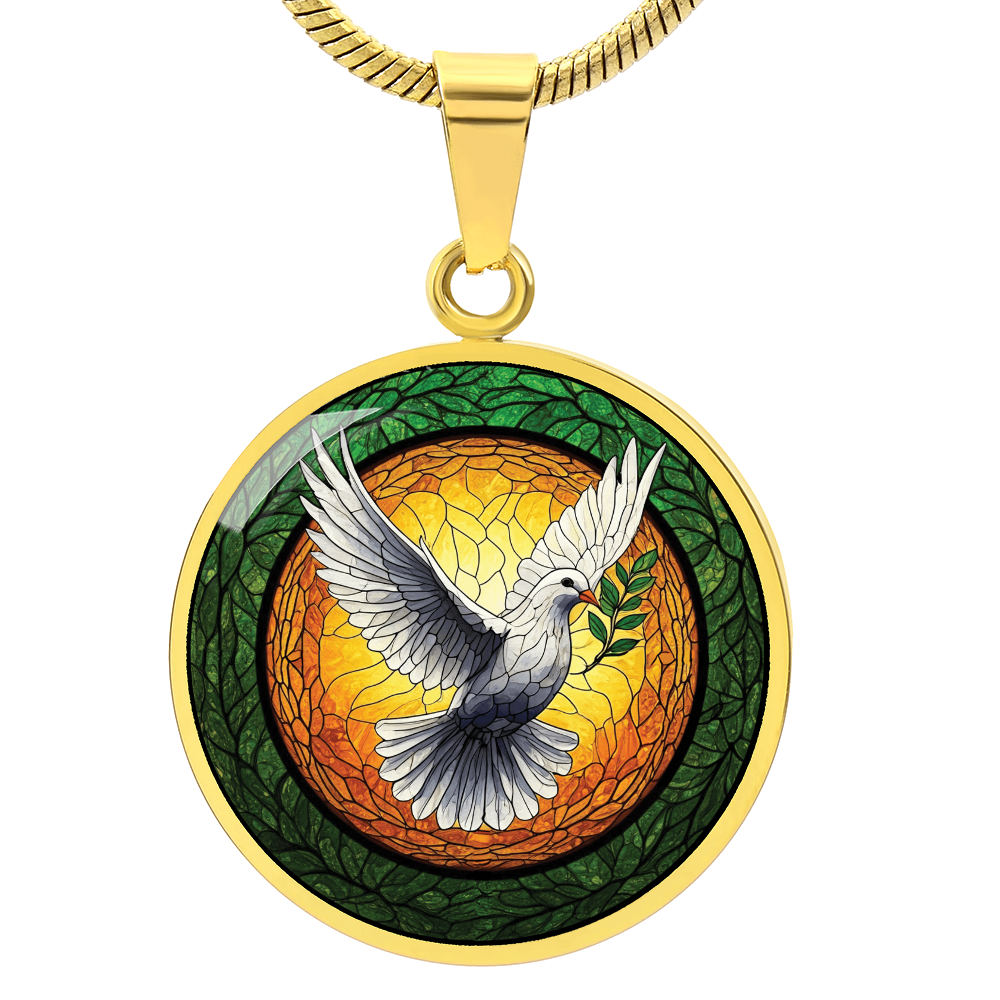 Dove Stained Glass Effect Round Pendant Necklace