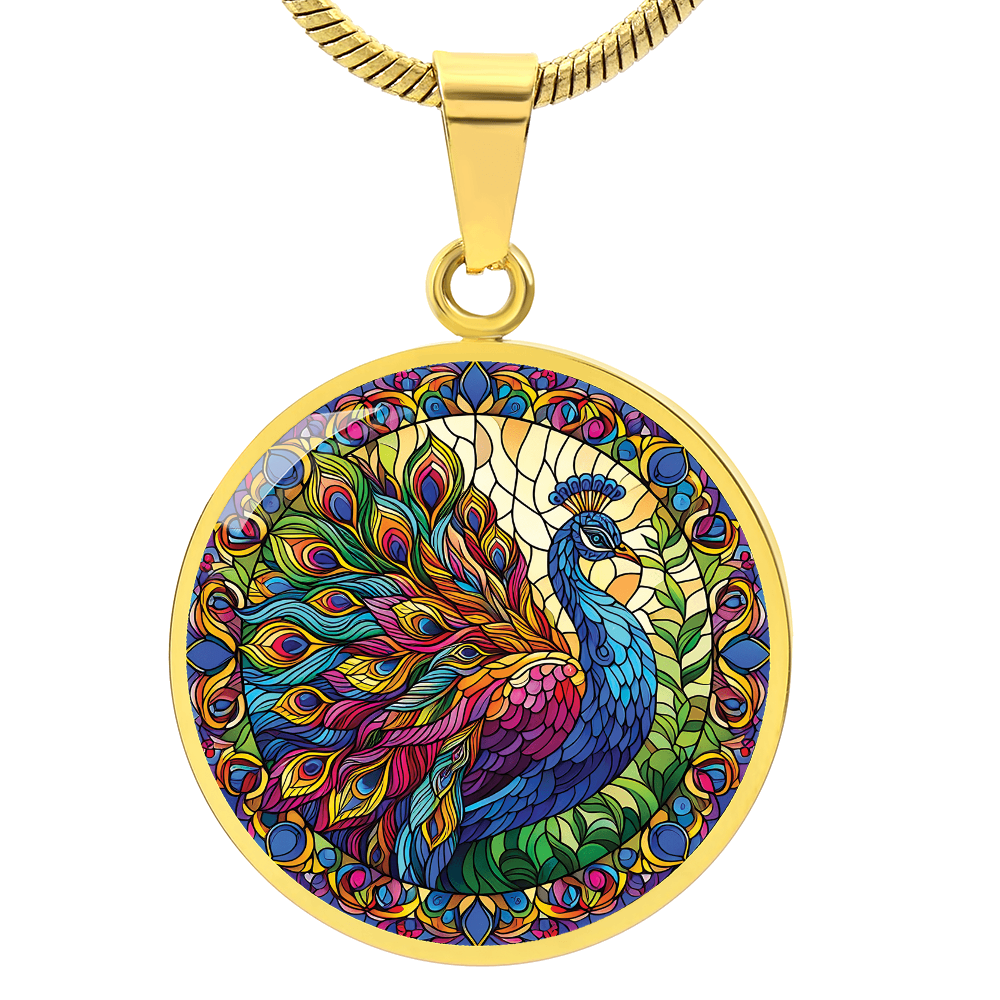 Stained Glass Effect Peacock Round Pendant Necklace