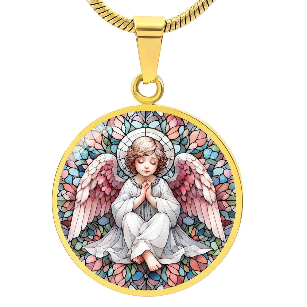 Guardian Angel Stained Glass Effect Round Pendant Necklace