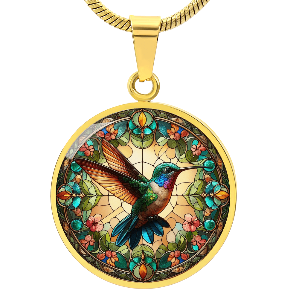 Hummingbird Stained Glass Effect Round Pendant Necklace