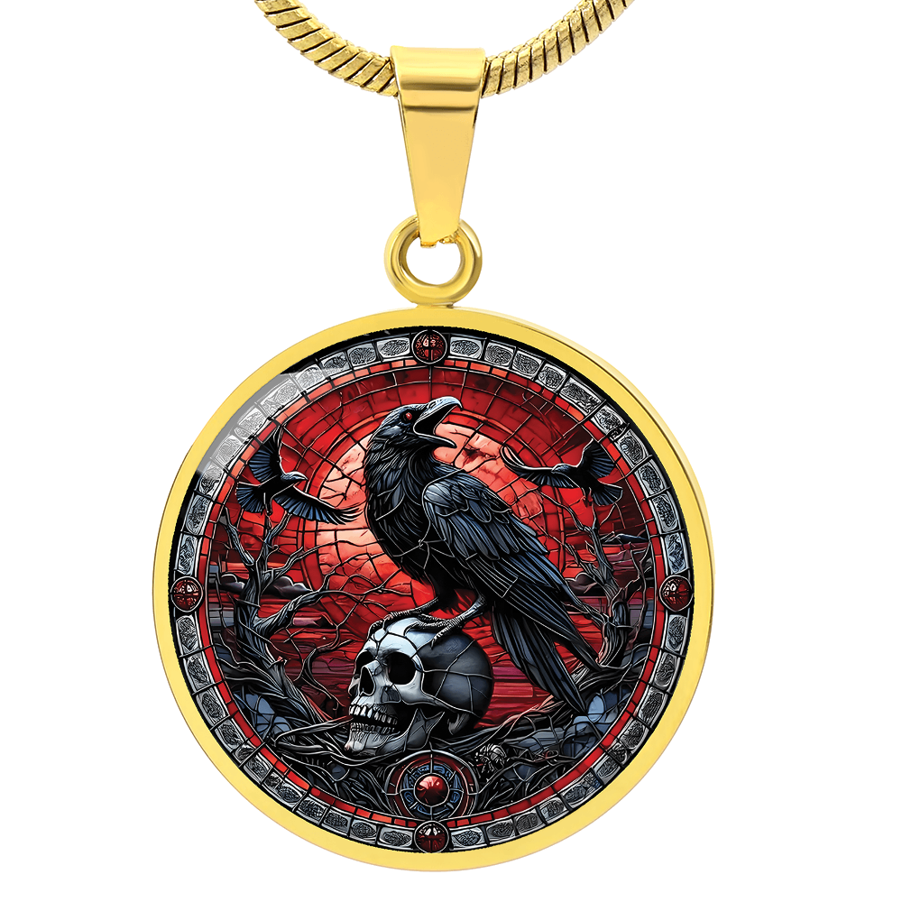 Skull and Raven Round Pendant Necklace, Halloween Necklace, Goth Jewelry