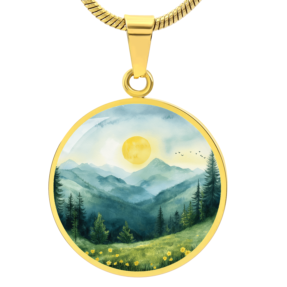 Watercolour Mountains Round Pendant Necklace