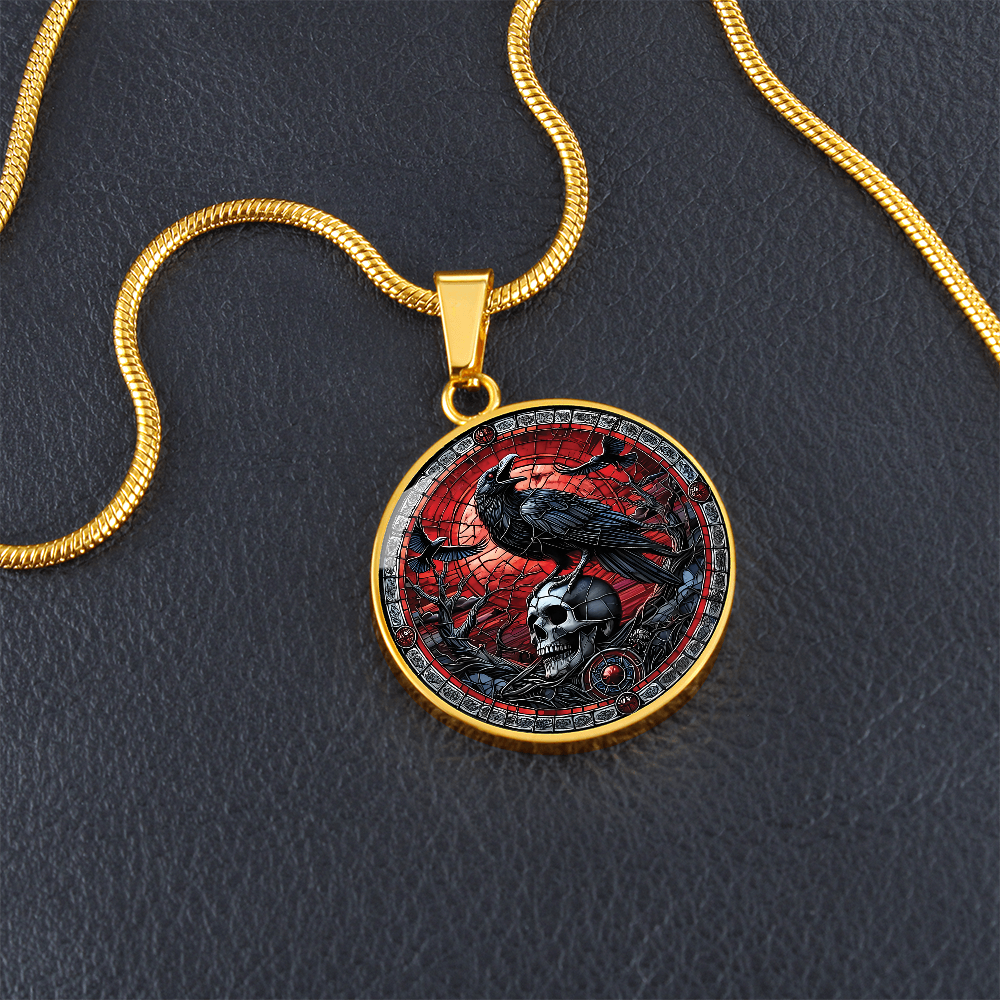 Skull and Raven Round Pendant Necklace, Halloween Necklace, Goth Jewelry